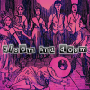 Gloom and Doom cover art features folks in old timey dress at a dance surrounding a downed woman with a giant eyeball for a head. Text reads, "Gloom and Doom."
