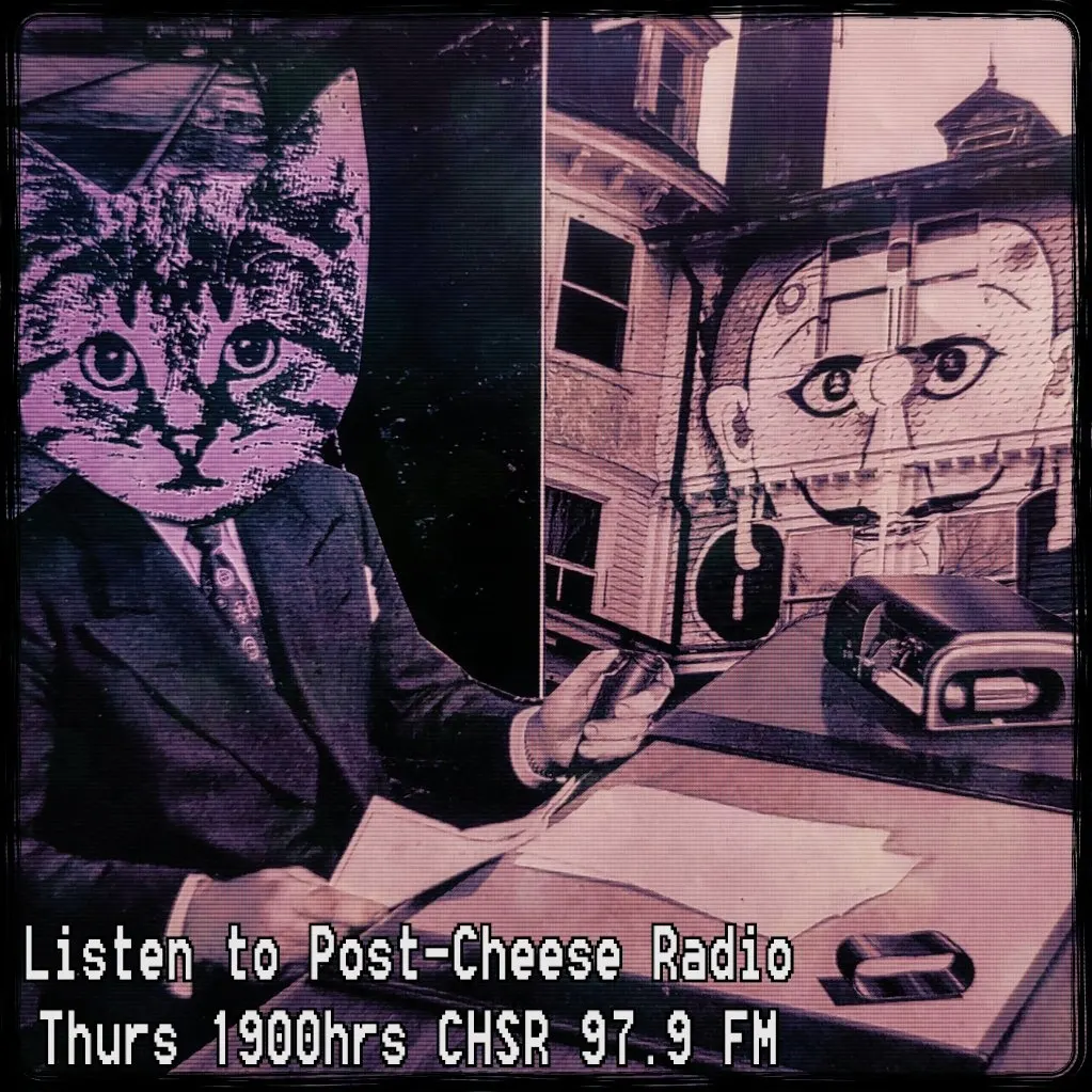 Collage art for episode four of Post-Cheese Radio features a person sitting in a desk in an office, with one window showing a dark alley and the other window leading to Timothy Leary's house.